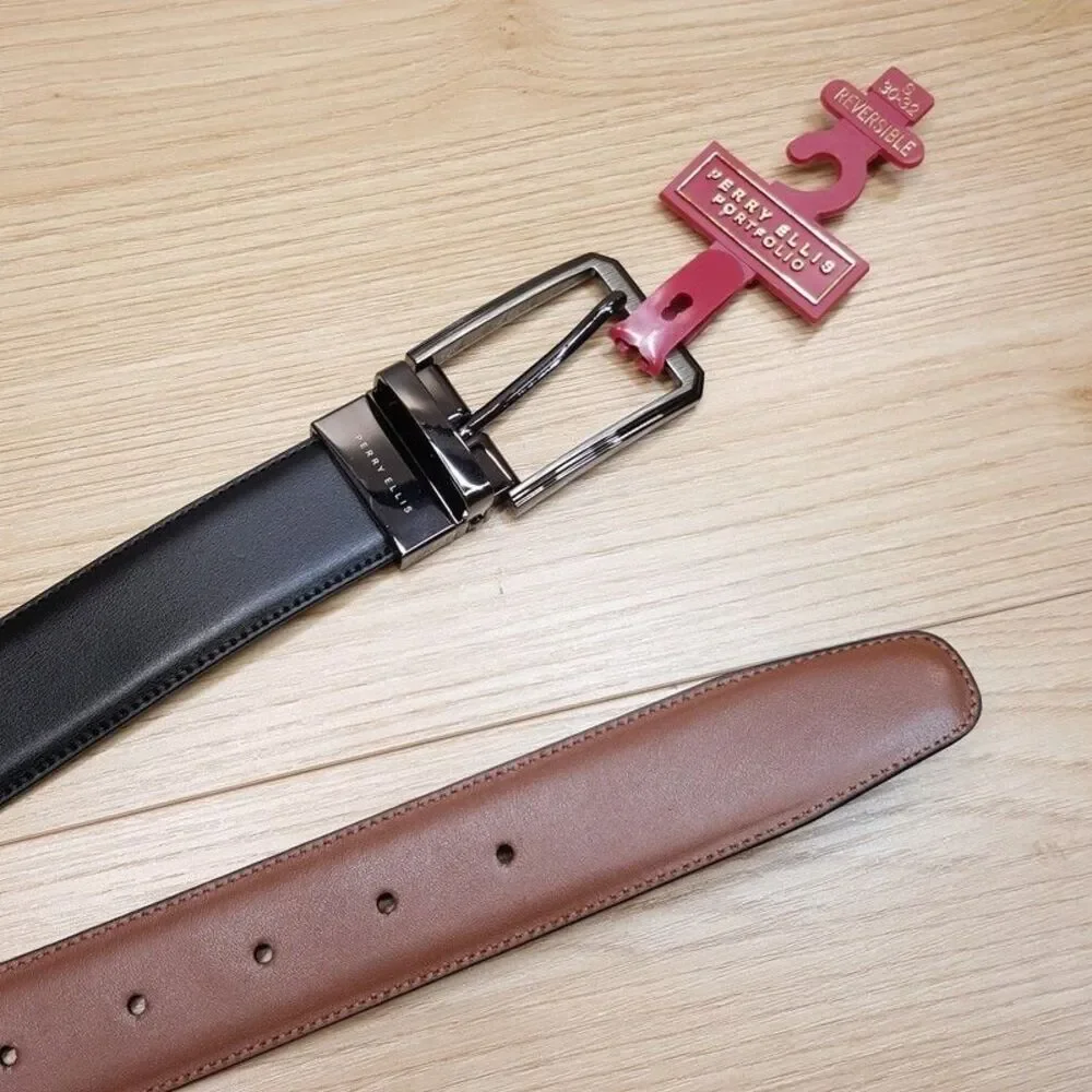 PERRY ELLIS Mens Belt Size 30 Black Brown Bonded Leather Reversible